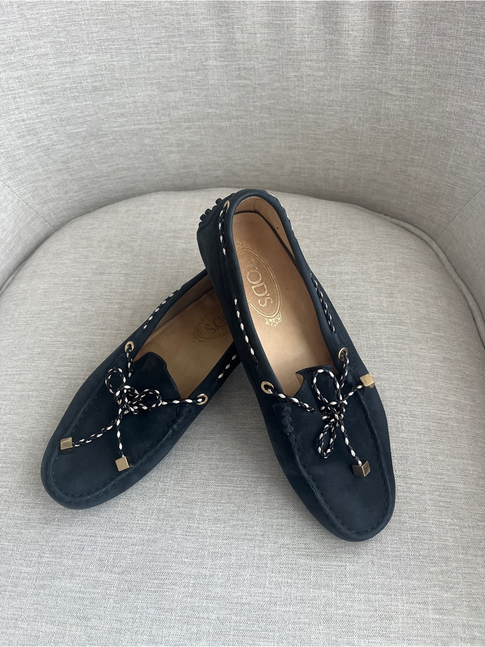 Tod's Black Suede Driving Moccasins with Braided Contrast Laces